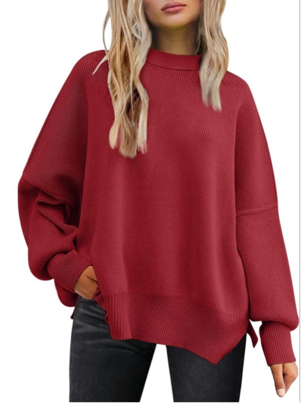 NEW Red Oversized Sweaters Crewneck Pullover Cozy Knit Long Sleeve L
